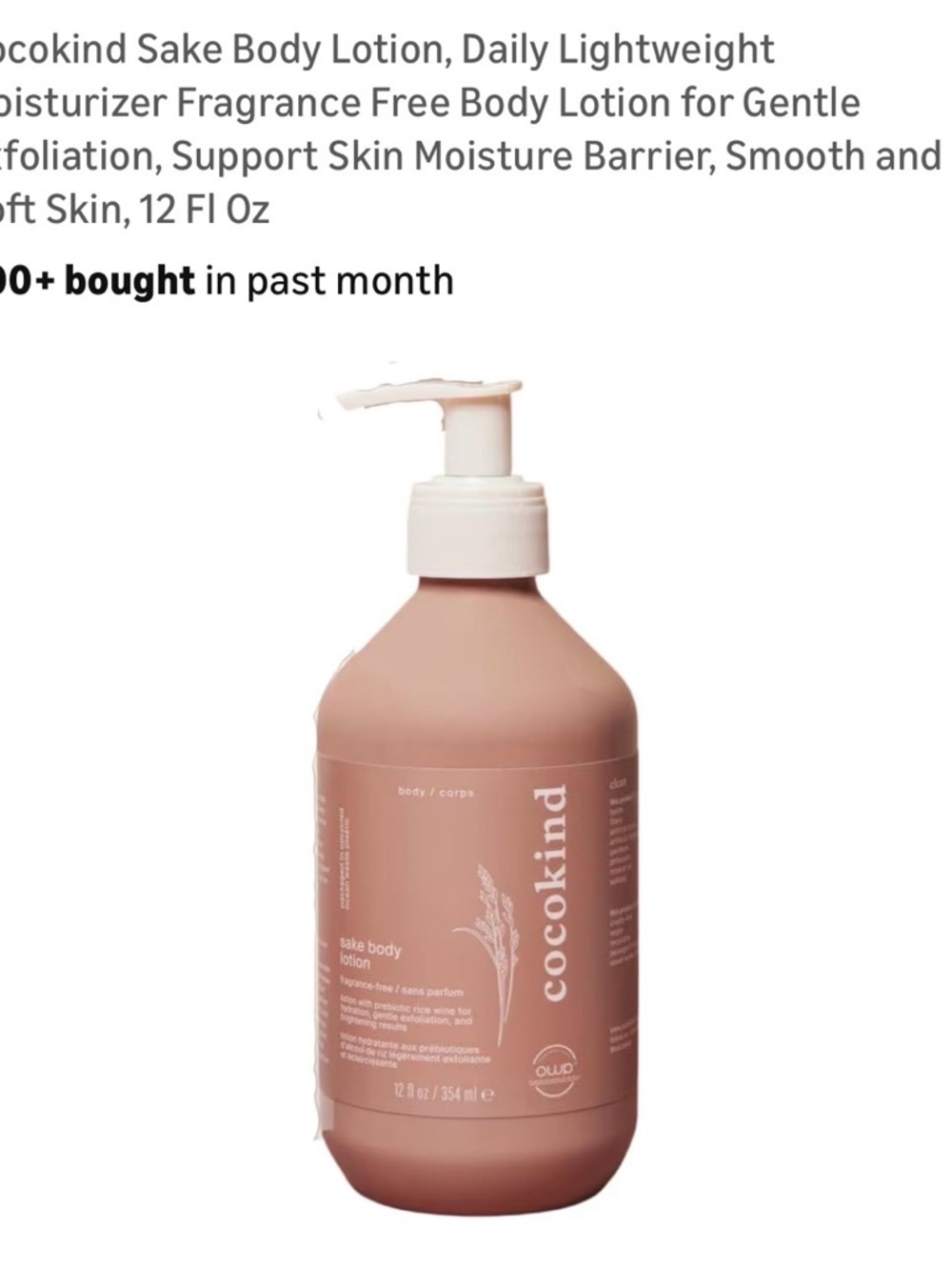 Cocokind Sake Body Lotion — Moisturizing Fragrance-Free Lotion (Pink)